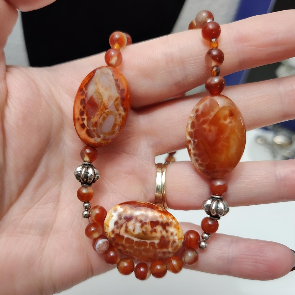 Vintage Sterling Silver Faceted Red Fire Agate Statement Necklace 19" - Picture 9 of 12
